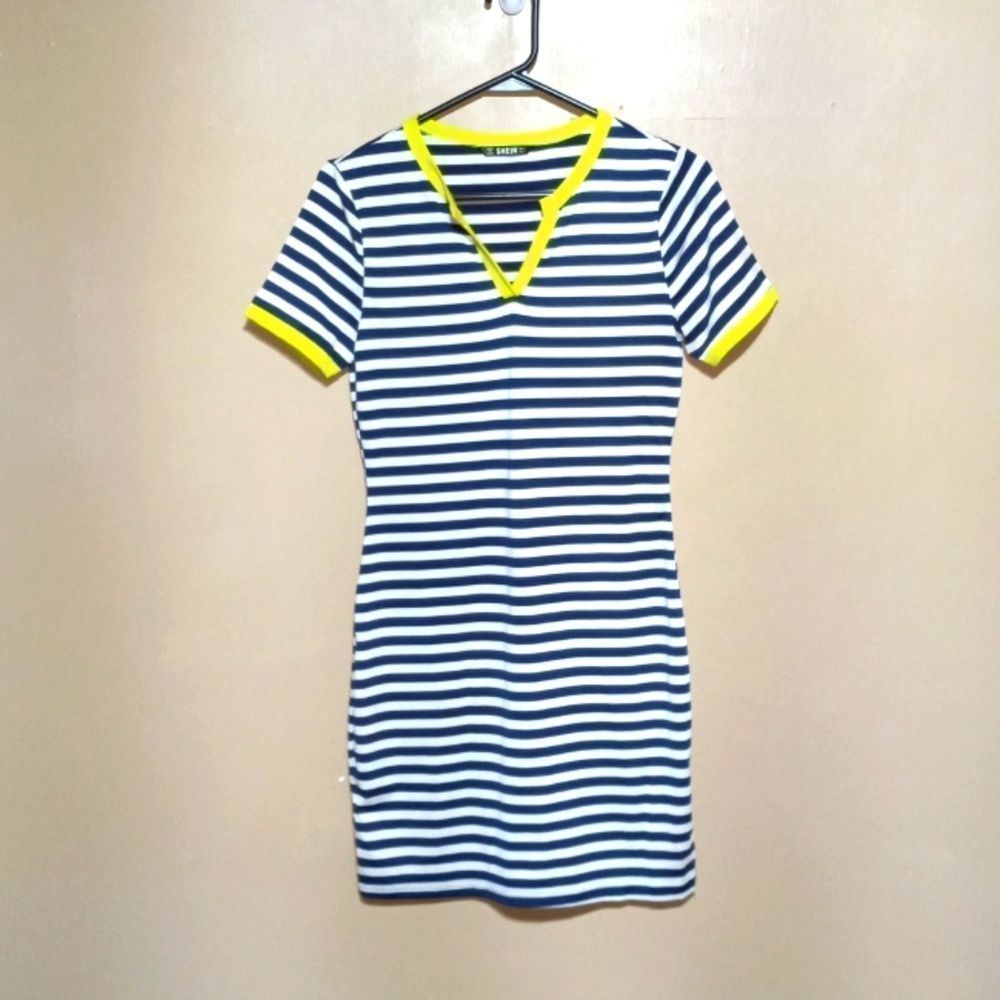 SHEIN Navy and white with neon yellow accents, dress, sz S